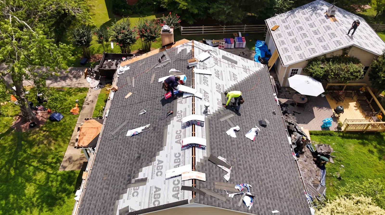 Aerial view of a hail-damage roof replacement covered by insurance, by RGS Home Pros near Lake Norman, NC