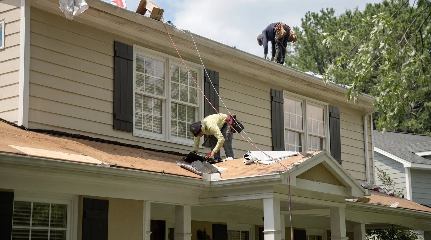 RGS Home Pros crew replacing a hail-damaged roof approved through insurance near Lake Norman, NC